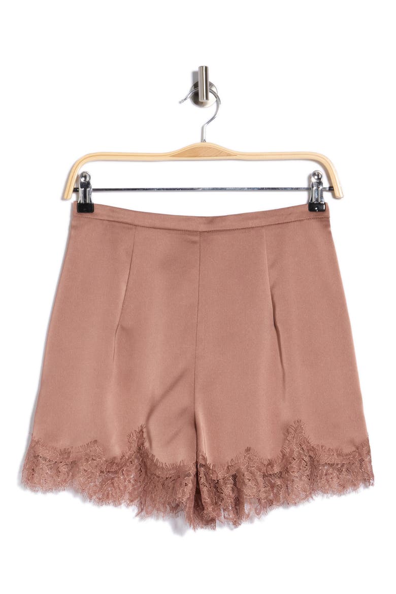 Lace Trim Satin Shorts, Main, color, DUNE