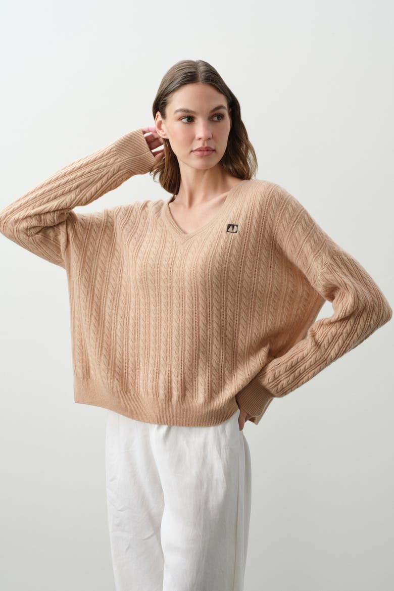 Elina Cashmere Cableknit V-Neck, Main, color, HONEY
