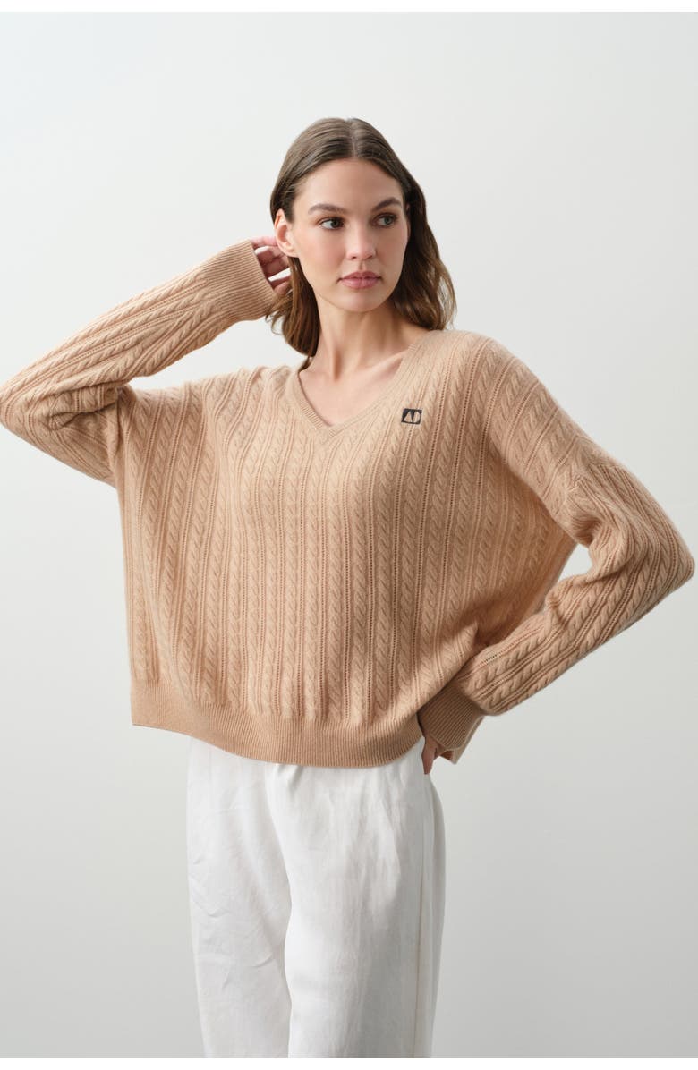NAKED CASHMERE Elina Cashmere Cableknit V-Neck, Main, color, Honey