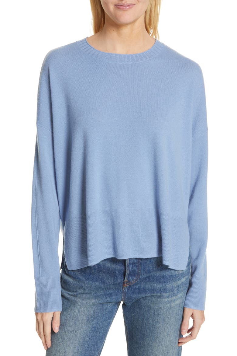 Side Vent Silk & Cashmere Crewneck Sweater, Main, color, BLUE RIVIERA