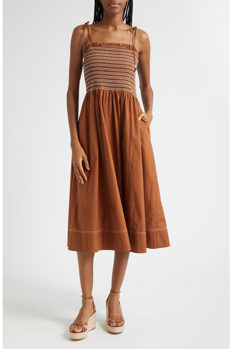 Kaela Smocked Tie Strap Midi Dress, Main, color, WHISKY