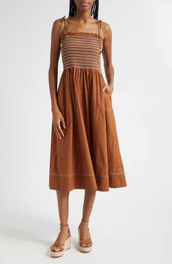 Veronica Beard Kaela Smocked Tie Strap Midi Dress