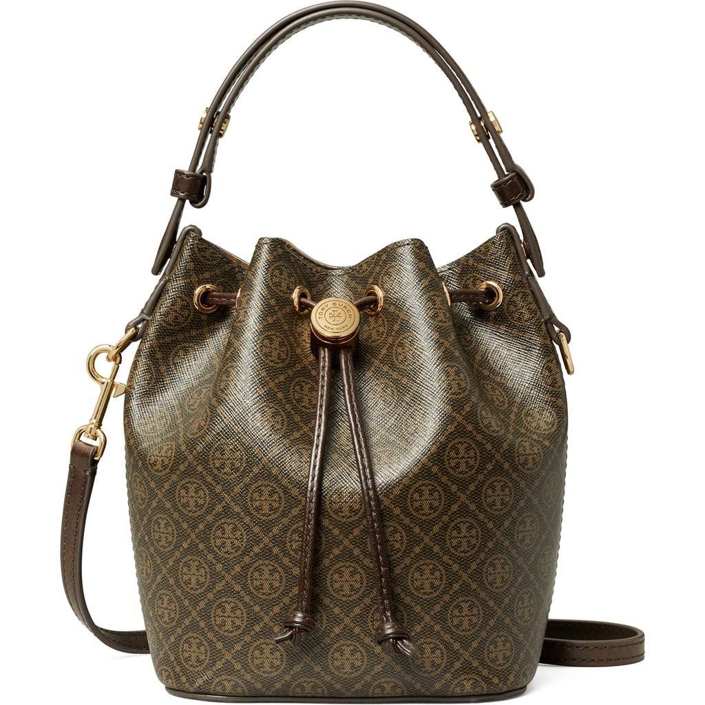 Tory Burch T Monogram Coated Canvas Mini Bucket Bag French Press In Brown