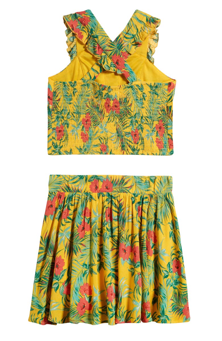 Walking on Sunshine Kids' Tropical Print Crossback Crop Top & Skirt Set, Alternate, color, 
