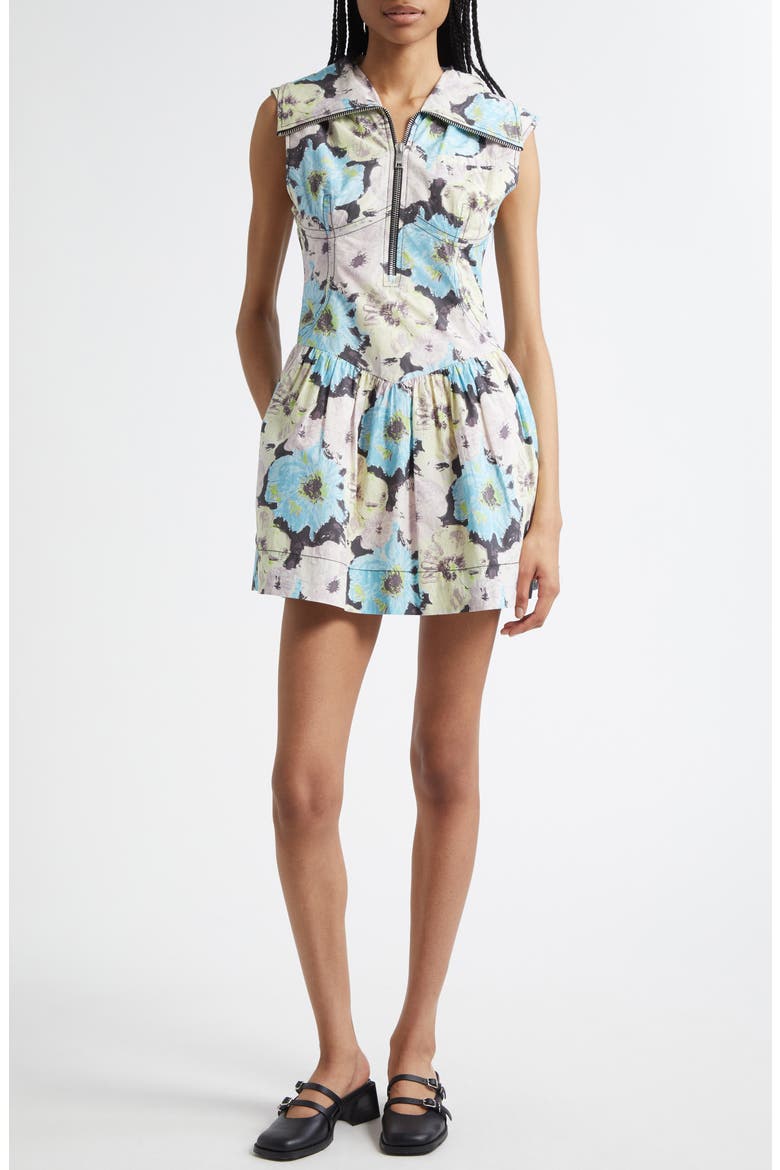 Floral Zip Front Organic Cotton Minidress, Main, color, WHITE MULTICOLOR