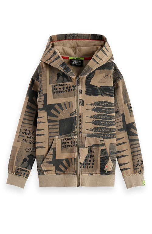 Scotch & Soda Boy's Graphic-print Cotton Zip-front Hoodie In Brown
