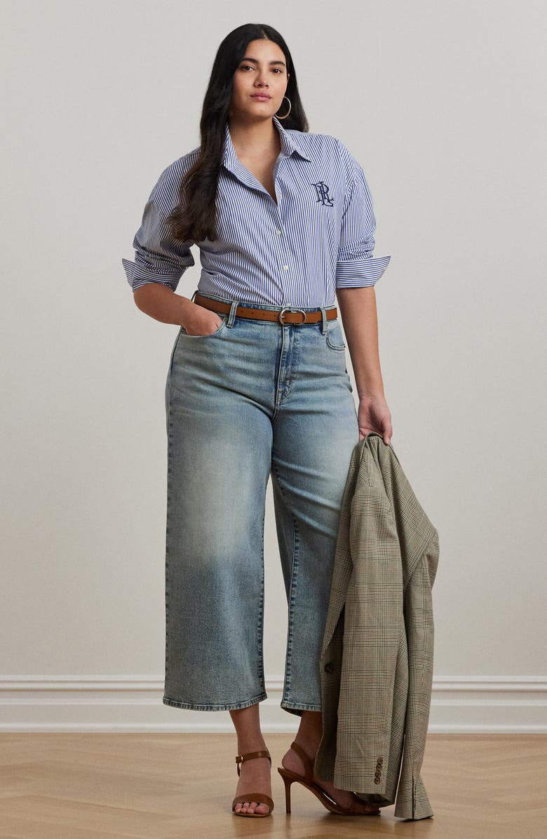 Lauren Ralph Lauren Embroidered Logo Detail Stripe Stretch Cotton Button-Up Shirt, Alternate, color, Blue/ White