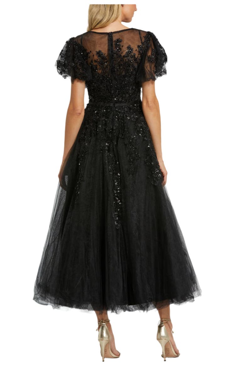Mac Duggal Embellished Flutter Sleeve Bow Waist A Line Dress, Alternate, color, Black