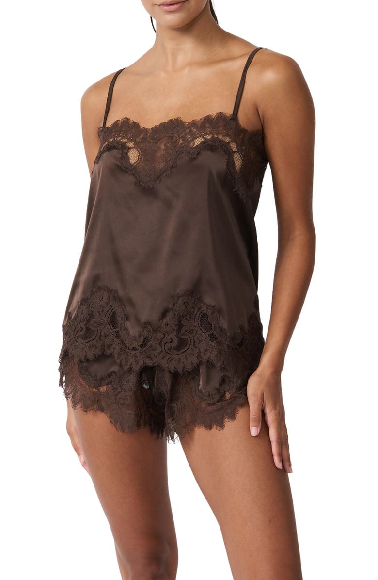 Kat The Label Olivia Lace Trim Satin Tap Shorts, Alternate, color, Espresso