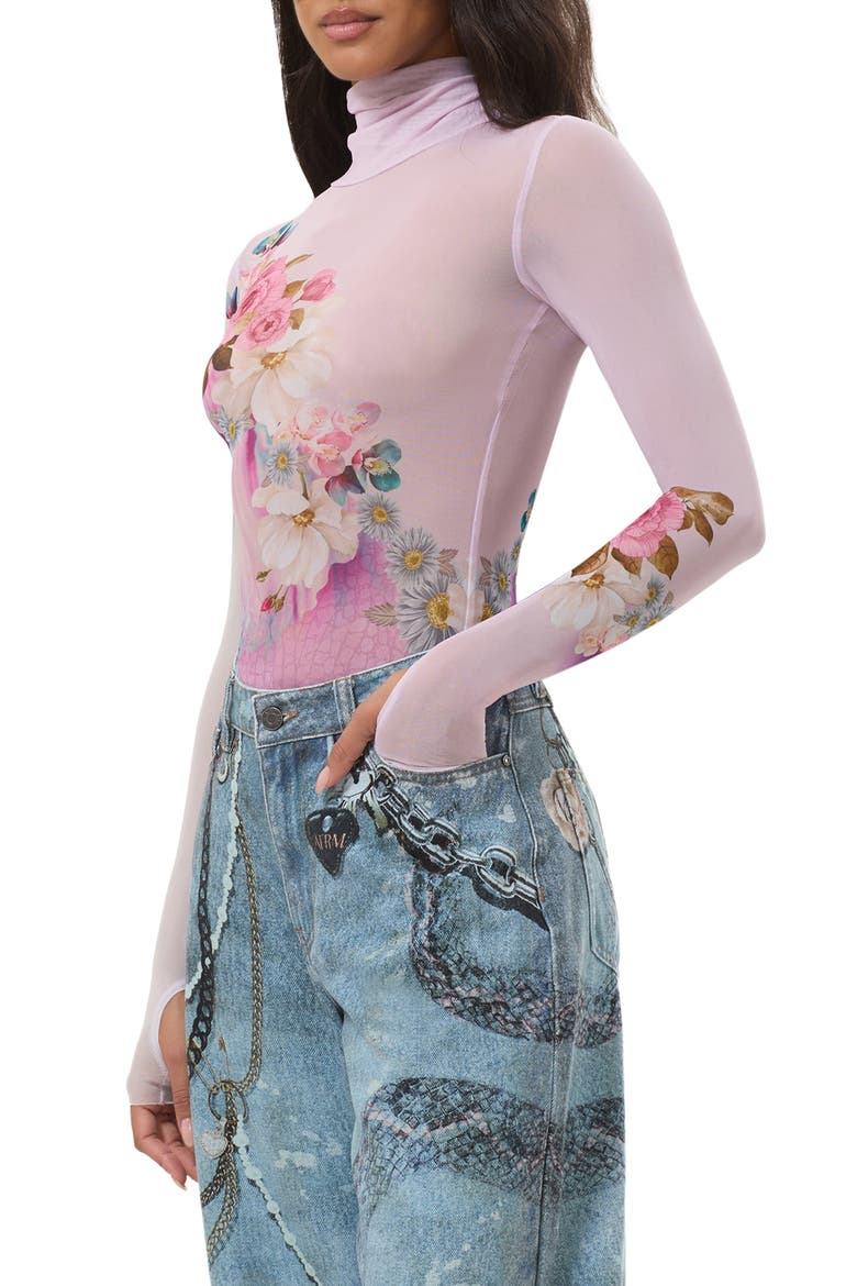 Zadie Turtleneck Printed Mesh Top, Alternate, color, MARBLE FLORAL
