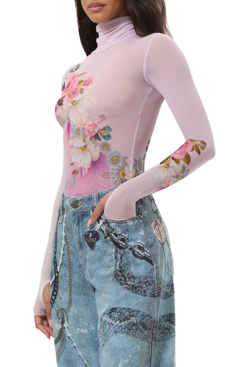 AFRM Zadie Turtleneck Printed Mesh Top, Alternate, color, Marble Floral