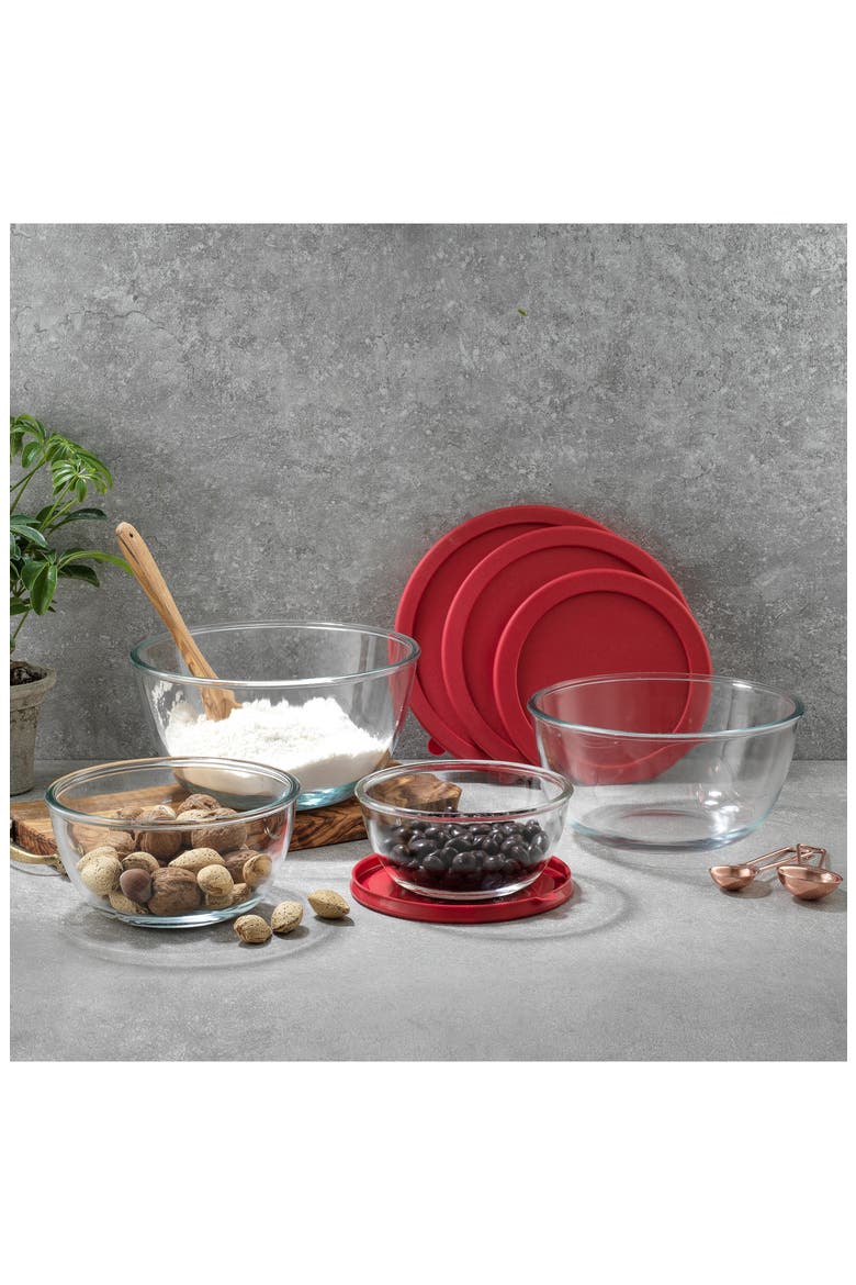 Set of 4 Thick Glass Mixing Bowls with Airtight Lids, Alternate, color, RED