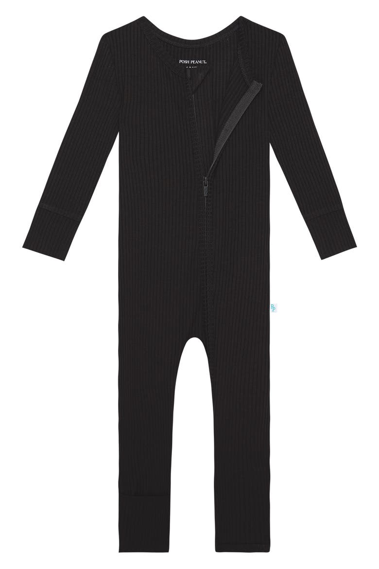 Solid Black Fitted Rib Convertible Footie Pajamas, Alternate, color, BLACK