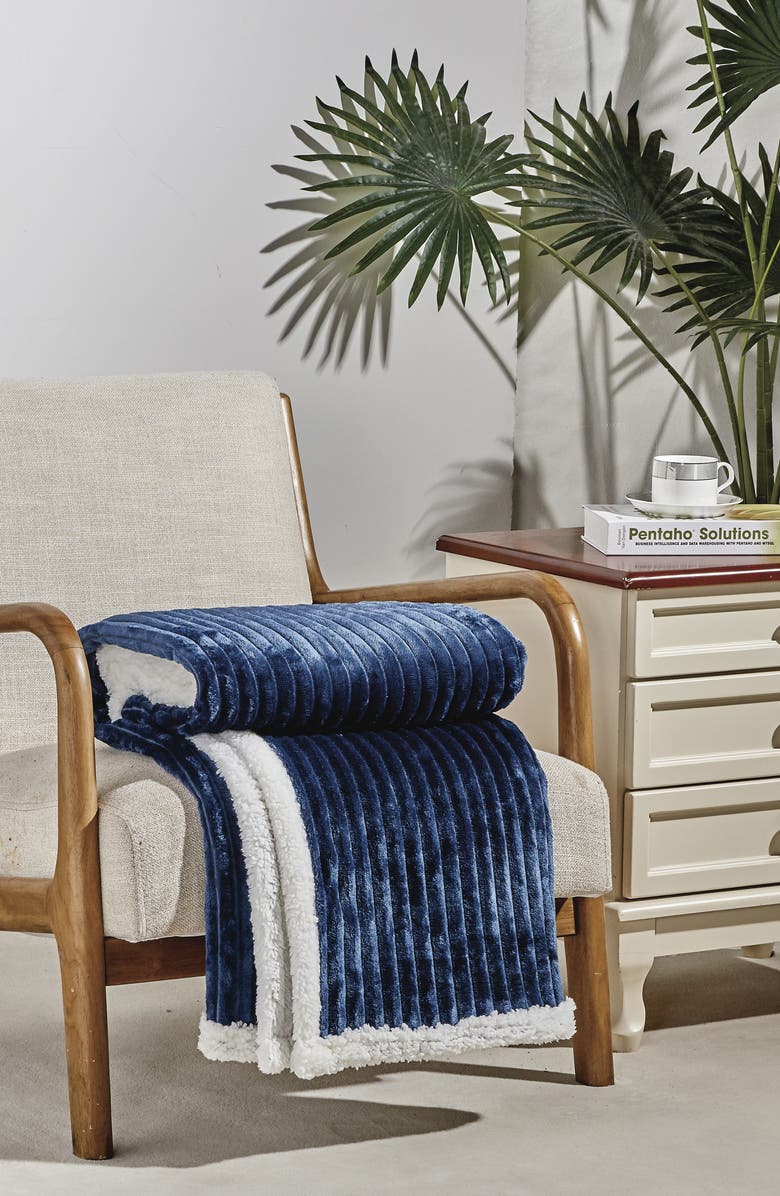 Luxury Home Corduroy Reversible Faux Shearling Throw Blanket, Alternate, color, Navy