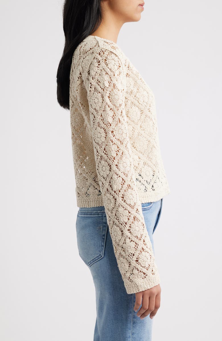 Bobeau Diamond Floral Crochet Button Front Cardigan, Alternate, color, Oatmeal