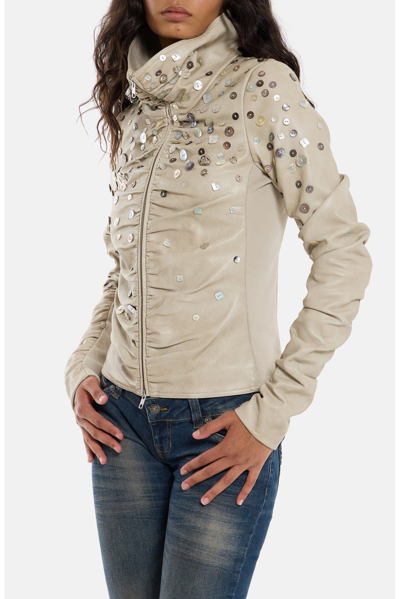 Button-Decorated Faux Leather Fitted Jacket, Alternate, color, BEIGE