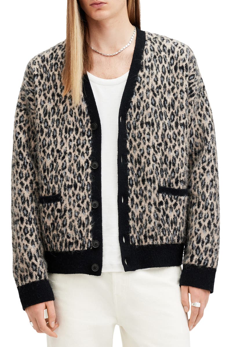 AllSaints Neko Leopard Jacquard Cardigan, Main, color,