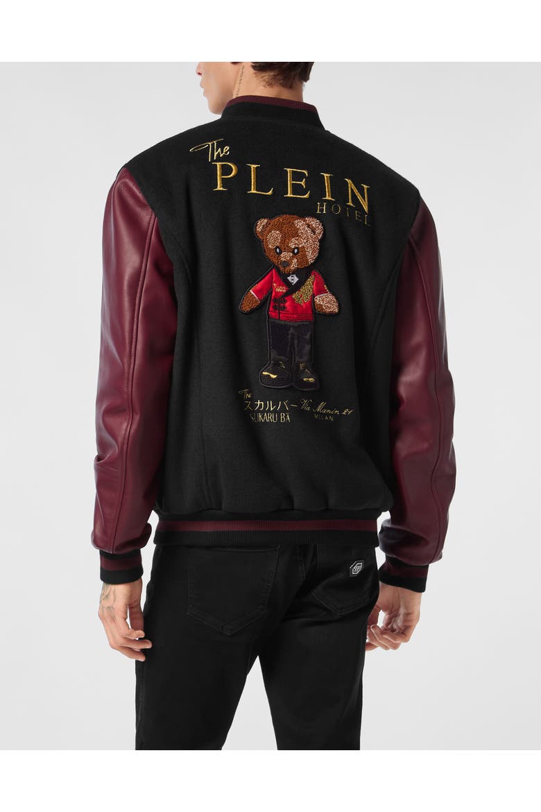 Leather And Wool Varsity Bomber Jacket Teddy Bear Men, Alternate, color, black