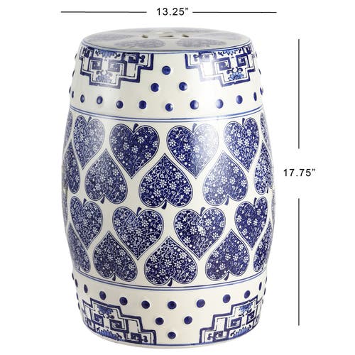 Jonathan Y Happy Hearts 17.8" Chinoiserie Ceramic Drum Garden Stool In Blue/white