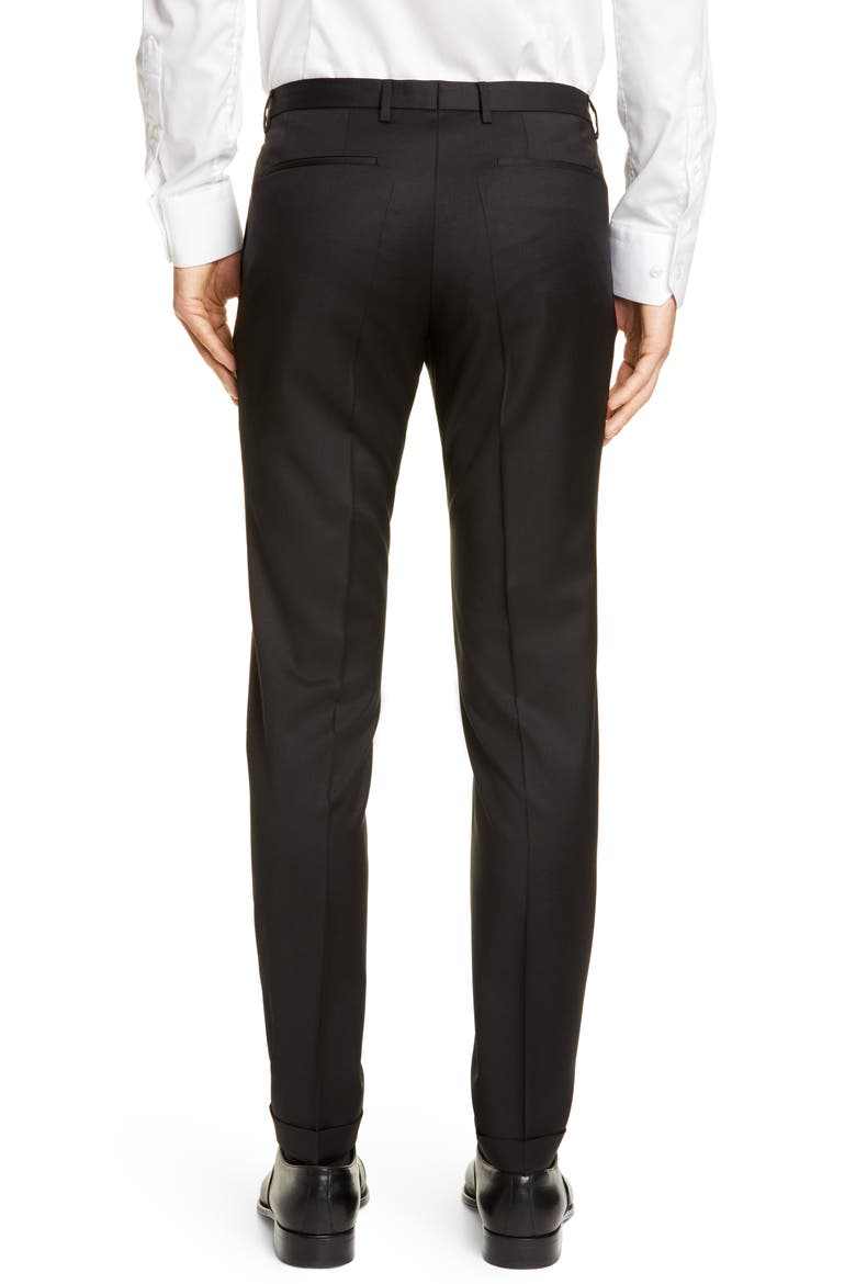 Wave Flat Front Solid Wool Trousers, Alternate, color, BLACK