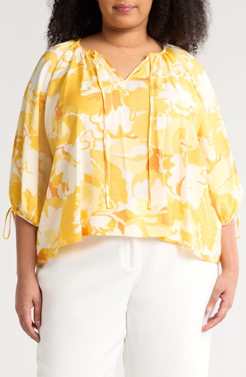 Floral Tie Keyhole Balloon Sleeve Top (Plus)