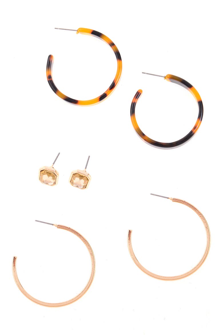Set of 3 Hoop & Stud Earrings, Main, color, GOLD
