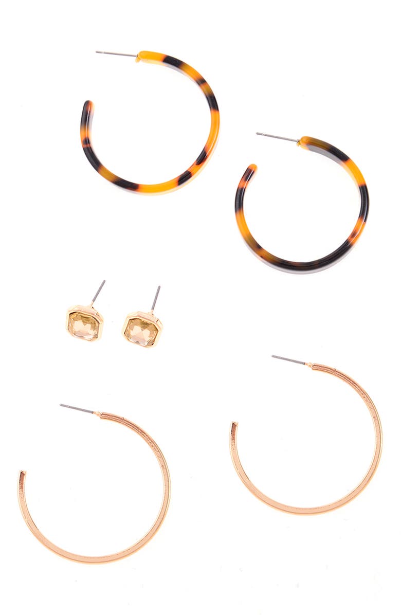 ZAXIE By Stefanie Taylor Set of 3 Hoop & Stud Earrings, Main, color, Gold