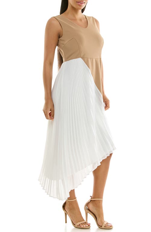 Nina Leonard Asymmetric Pleated Midi Dress In Tan/ivory