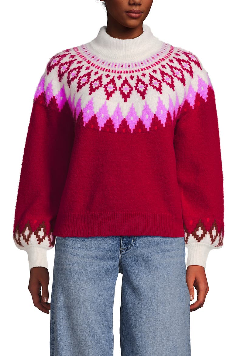 Fuzzy Turtleneck Lantern Sleeve Jacquard Sweater, Alternate, color, Rich Red Fairisle