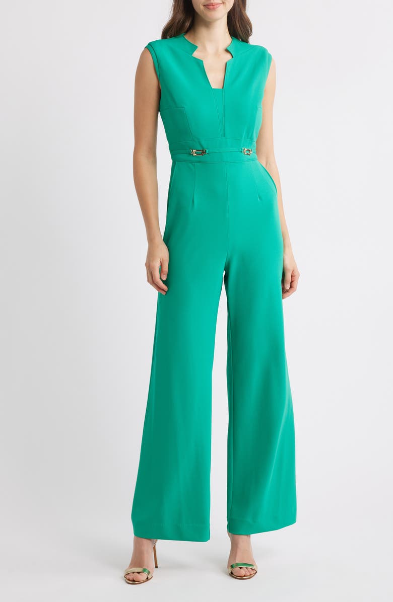 Tahari ASL Notched Neck Sleeveless Jumpsuit, Main, color, Jade