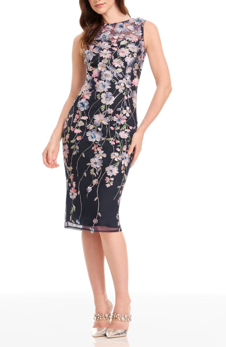 Dress the Population Claudette Embroidered Floral Cocktail Dress, Main, color, Navy Multi