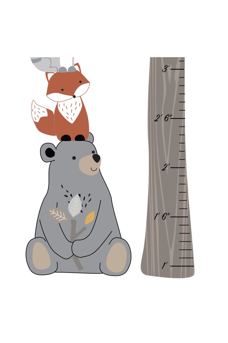 Woodland Forest Tree with Animals Kids Growth Chart Wall Decals, Alternate, color, Brown