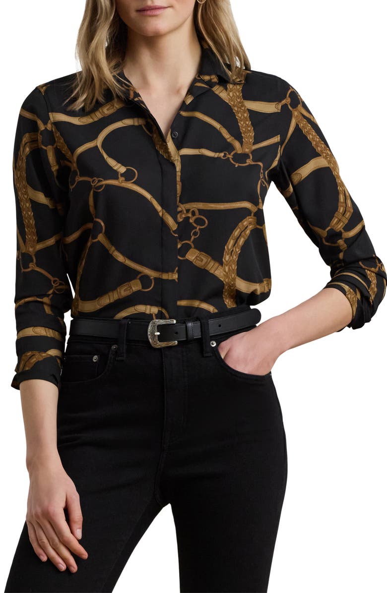 Lauren Ralph Lauren Belting Print Classic Fit Crepe Button-Up Shirt, Main, color, Black/ Tan