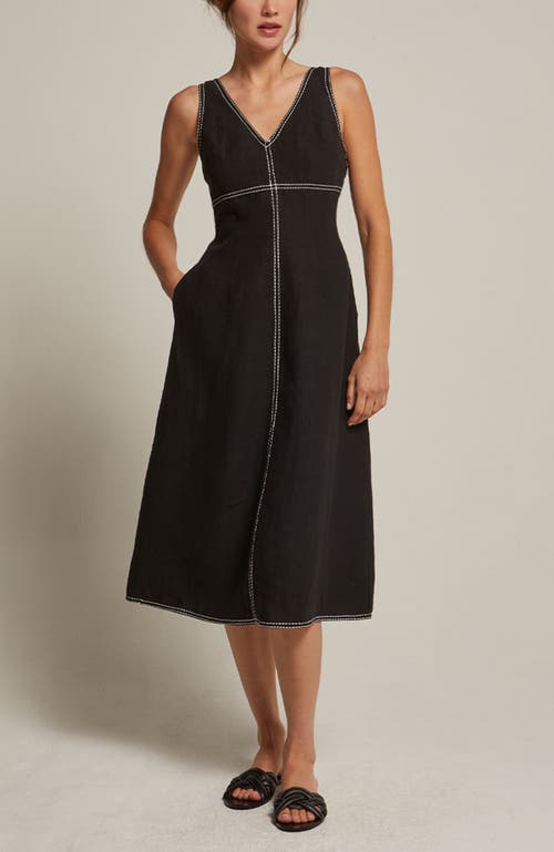 CRESCENT CRESCENT EMBROIDERED CONTRAST STITCH LINEN MIDI DRESS