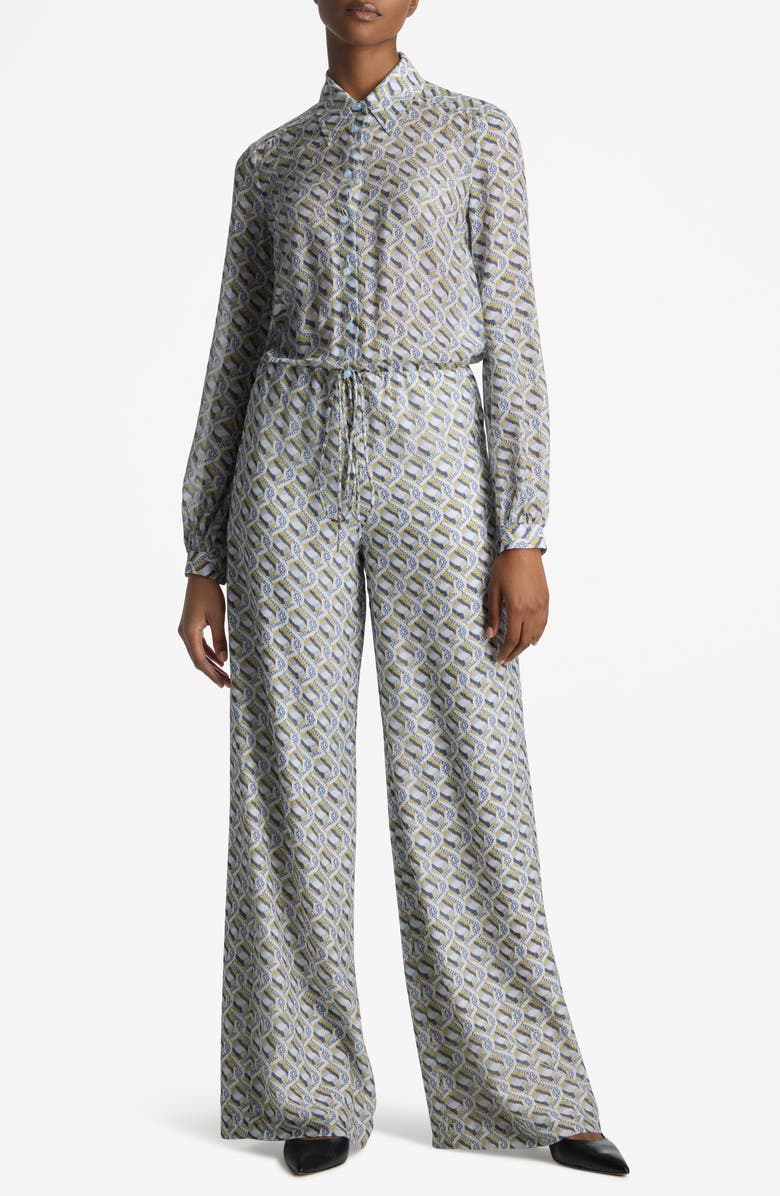 St. John Collection Diamond Twist Print Long Sleeve Silk Twill Jumpsuit, Main, color, 