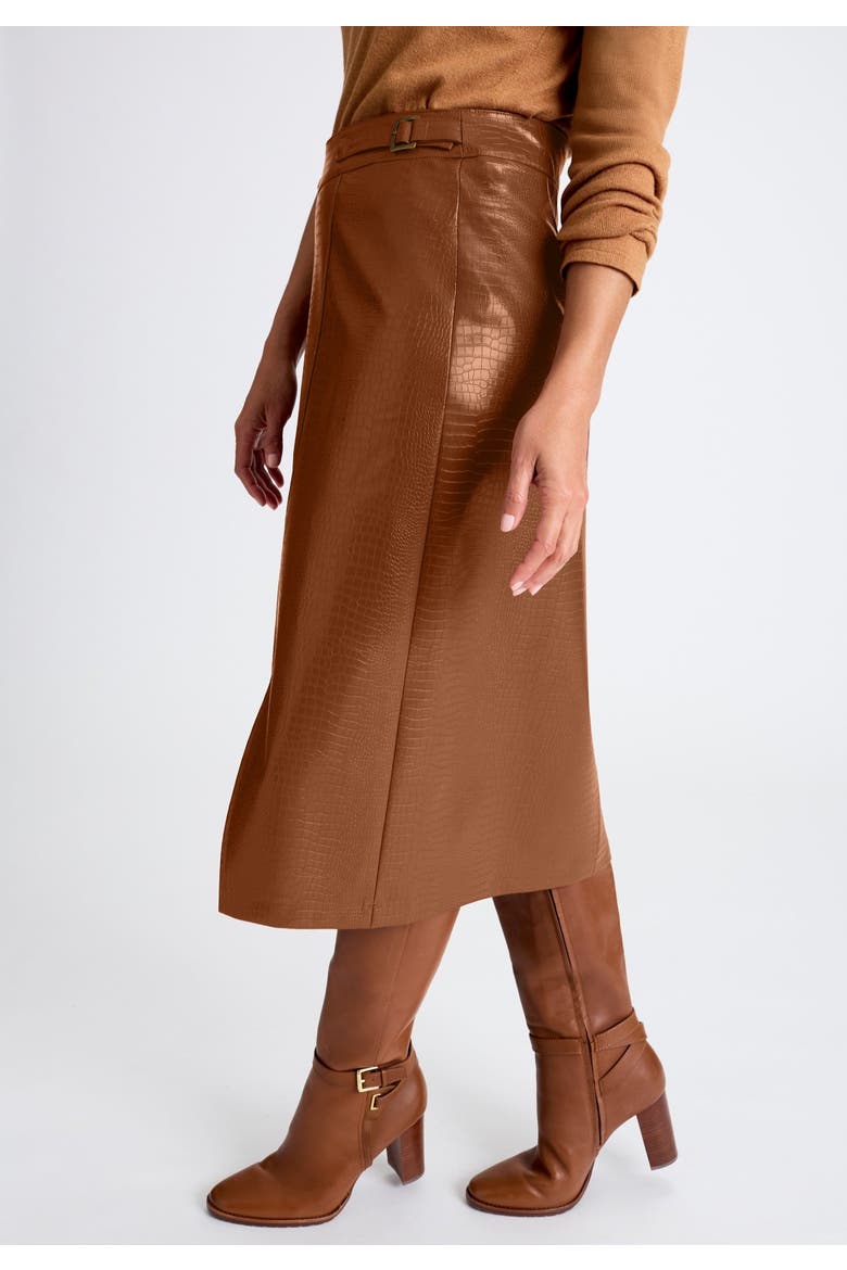 Faux Leather Croc Wrap Skirt, Alternate, color, COGNAC