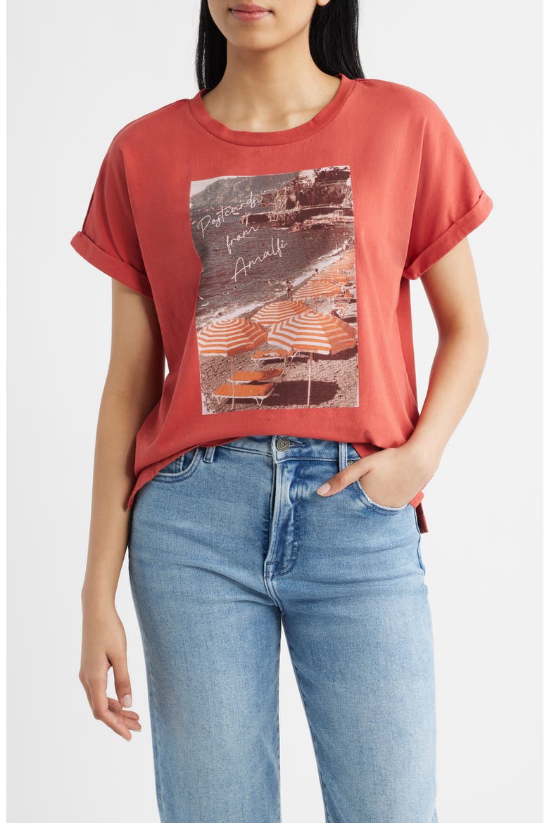 Cuffed Stretch Cotton Graphic T-Shirt, Main, color, BRICK