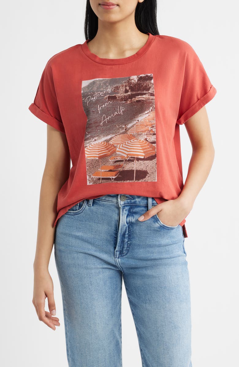 CITY BLUES Cuffed Stretch Cotton Graphic T-Shirt, Main, color, Brick