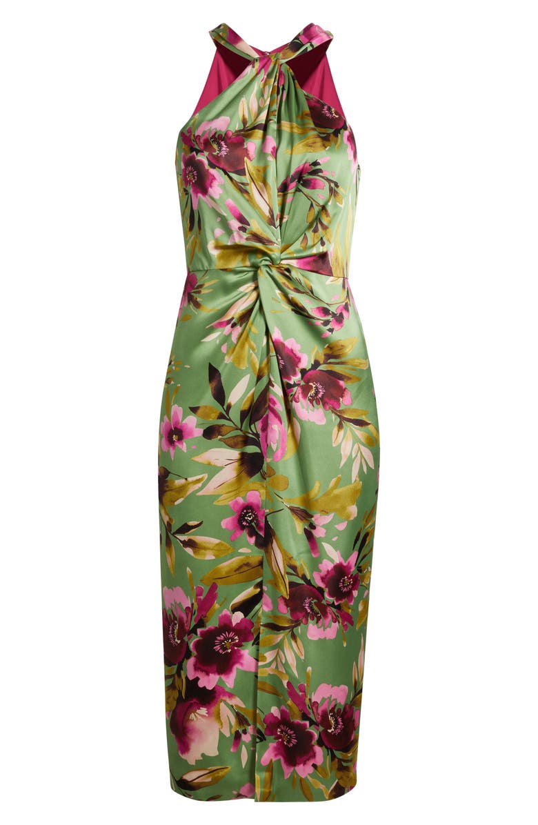 Eliza J Floral Twist Neck Midi Dress, Alternate, color, Fern