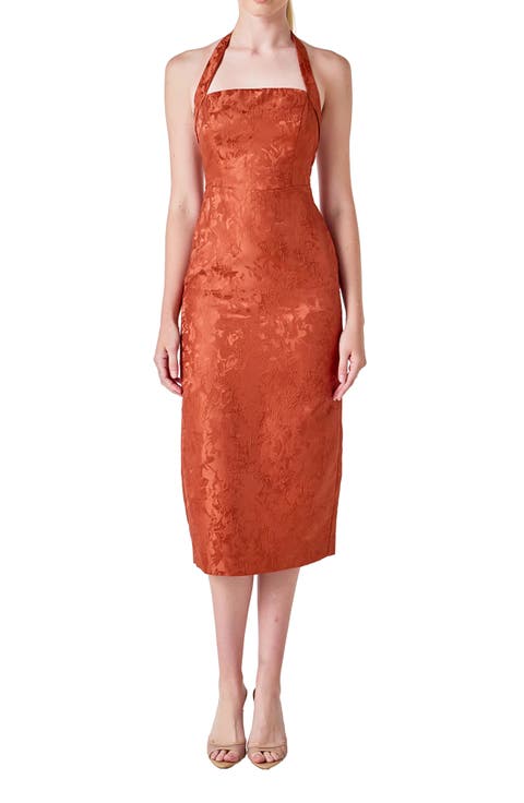 Floral Jacquard Halter Neck Dress