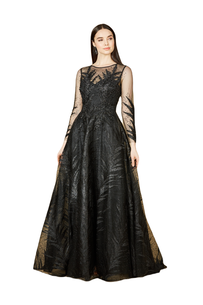 High Neck Sheer Long Sleeve Embellished Gown, Main, color, Black