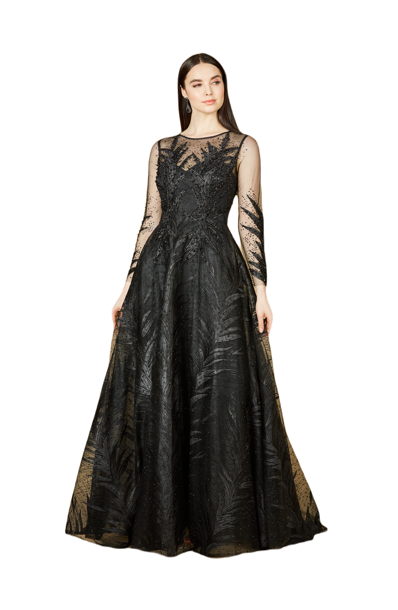 LARA New York High Neck Sheer Long Sleeve Embellished Gown, Main, color, Black