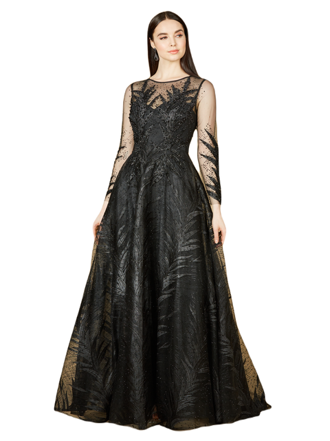 High Neck Sheer Long Sleeve Embellished Gown