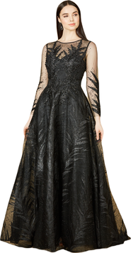 LARA New York High Neck Sheer Long Sleeve Embellished Gown
