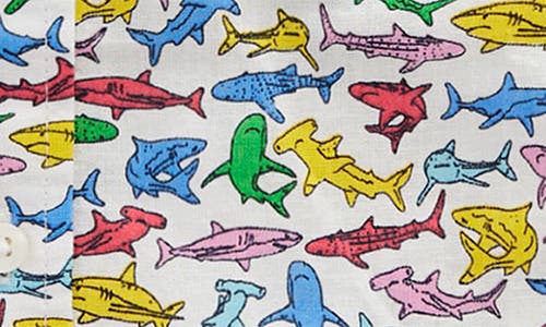 Shop Mini Boden Kids' Shark Print Short Sleeve Linen & Cotton Button-down Shirt In Multi Sharks