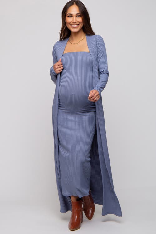 Pinkblush Ribbed Sleeveless Dress Cardigan Set In Blue