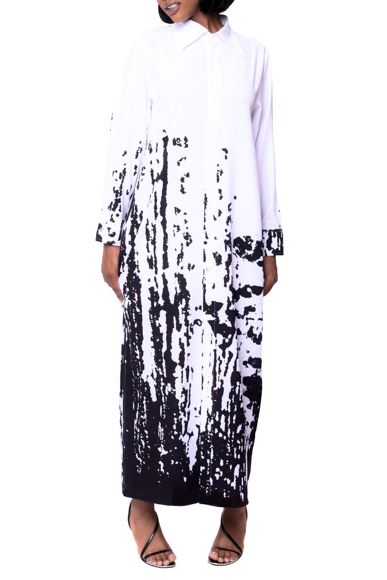 Bali Print Long Sleeve Maxi Shirtdress, Alternate, color, WHITE