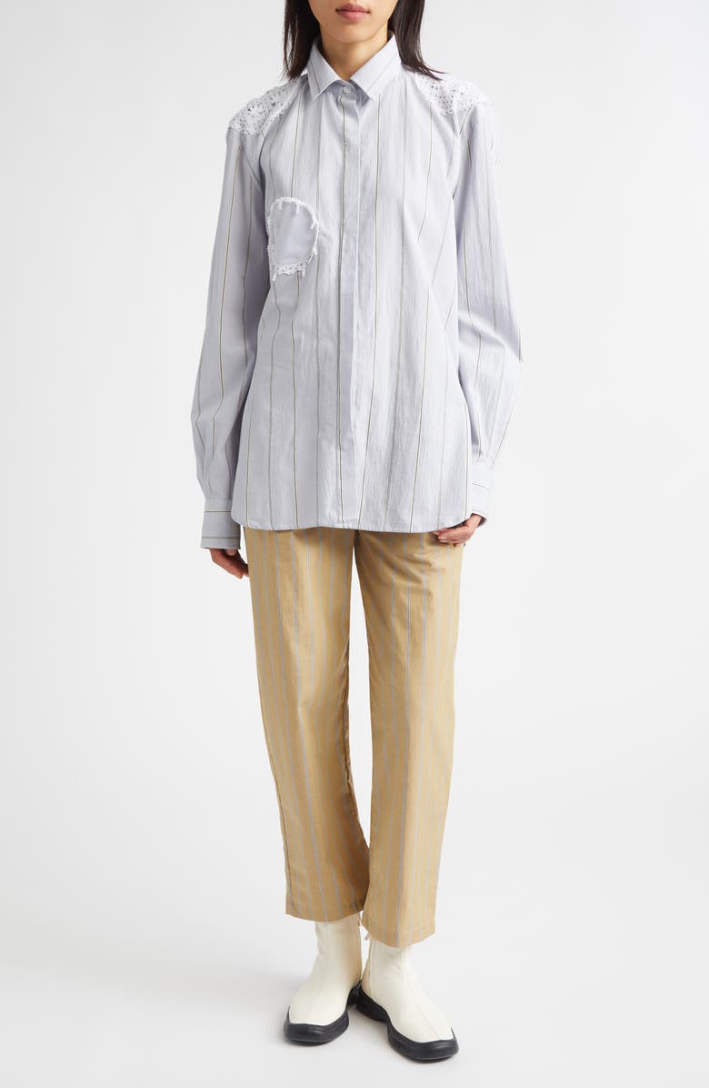 KÚR Doily Detail Stripe Cotton Button-Up Shirt, Alternate, color,