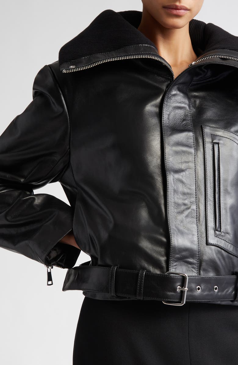 Victoria Beckham Crop Belted Leather Biker Jacket, Alternate, color, 