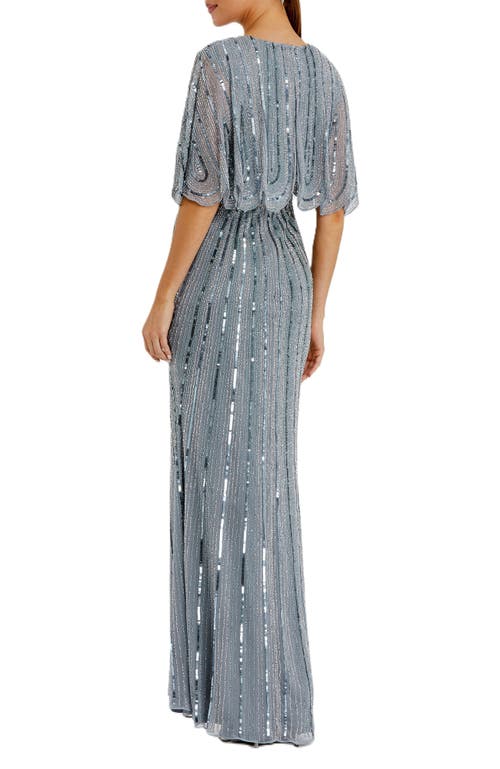 Mac Duggal Sequined V Neck Cape Sleeve Column Gown In Slate Blue